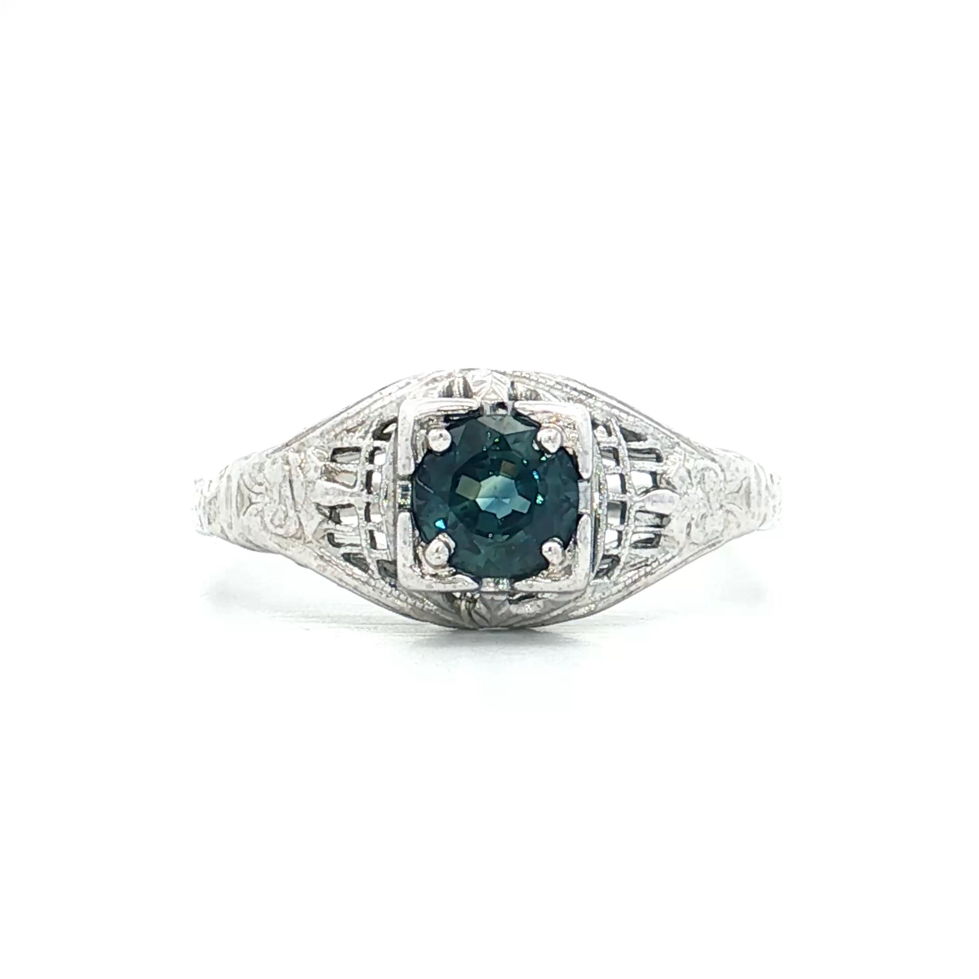 .72 Antique Art Deco Teal Sapphire Engagement Ring 18k