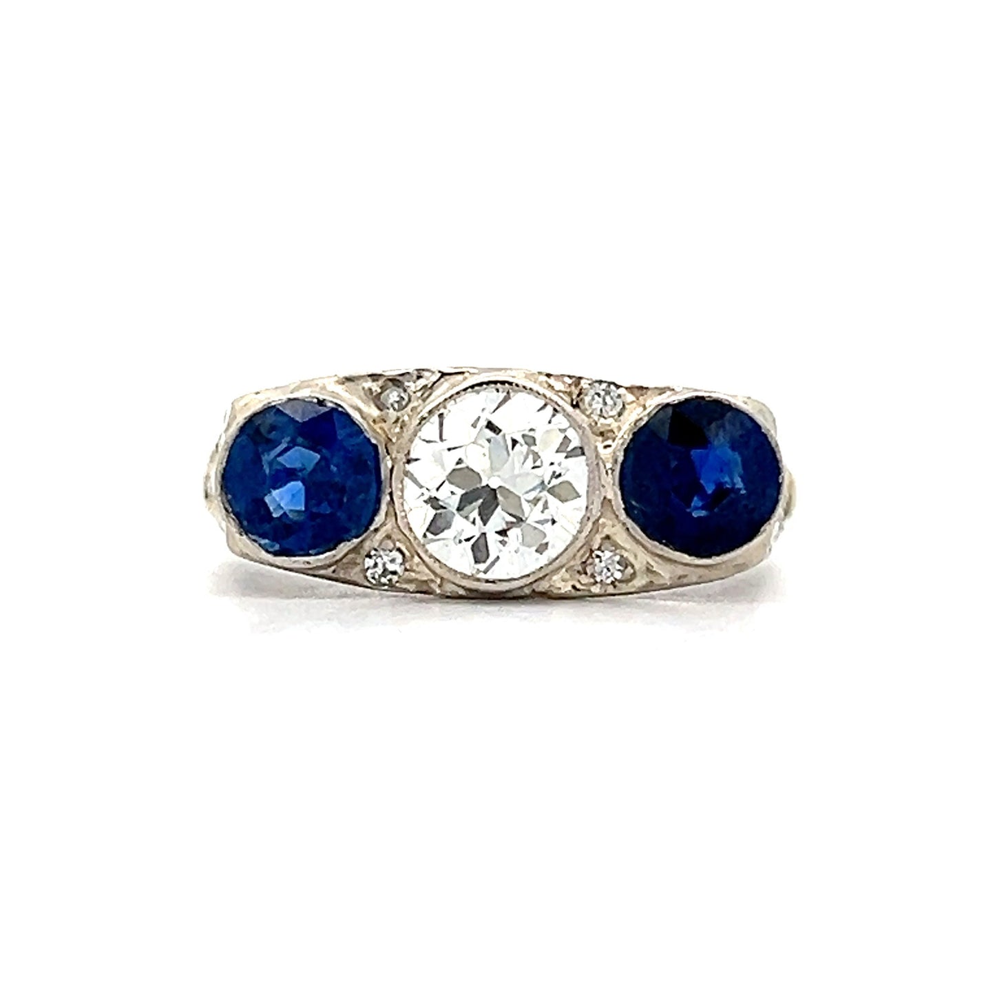 .75 Old Euro Diamond & Sapphire 3 Stone Ring in 14k