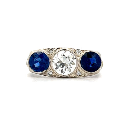 .75 Old Euro Diamond & Sapphire 3 Stone Ring in 14k