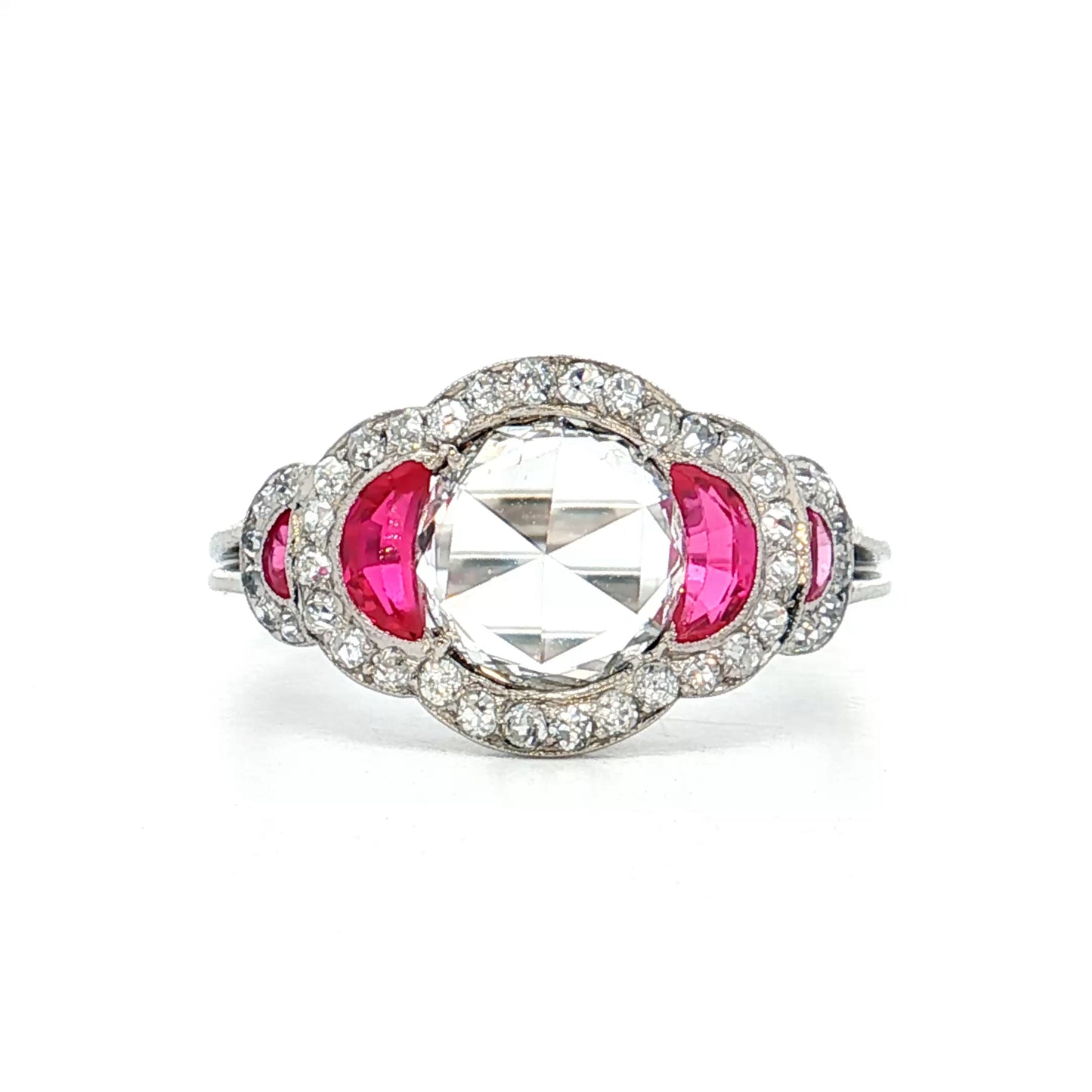 .75 Rose Cut Diamond & Ruby Engagement Ring Platinum