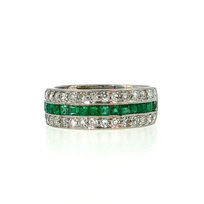 .75 Vintage Mid-Century Diamond & Emerald Stacking Ring Platinum