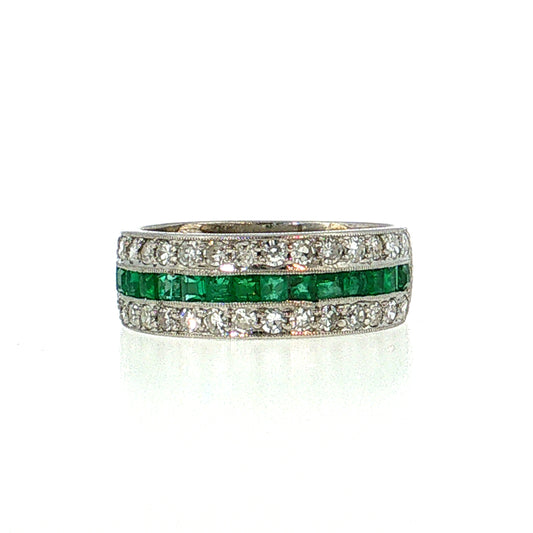 .75 Vintage Mid-Century Diamond & Emerald Stacking Ring Platinum