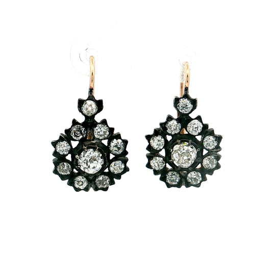 .76 Victorian Diamond Cluster Drop Earrings 14k