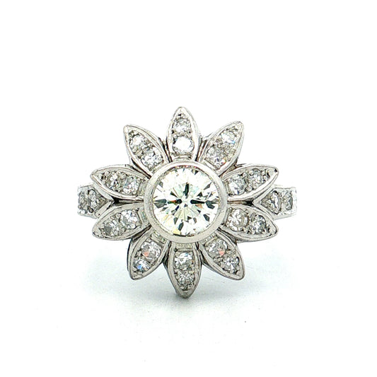 .80 Vintage Mid-Century Diamond Flower Cocktail Ring Platinum