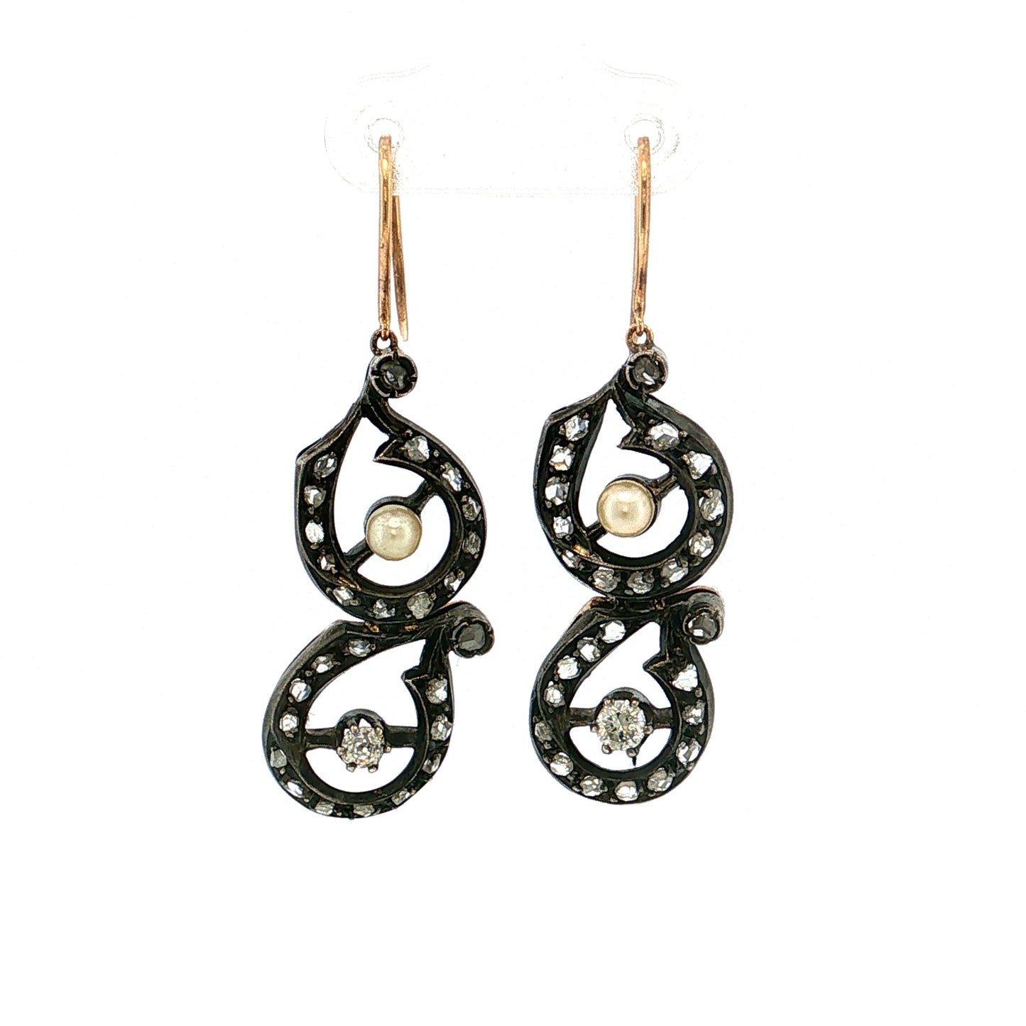 .82 Georgian Diamond & Pearl Drop Earrings Silver & 14k