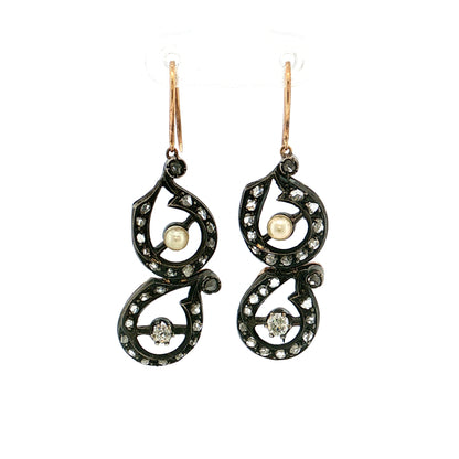 .82 Georgian Diamond & Pearl Drop Earrings Silver & 14k