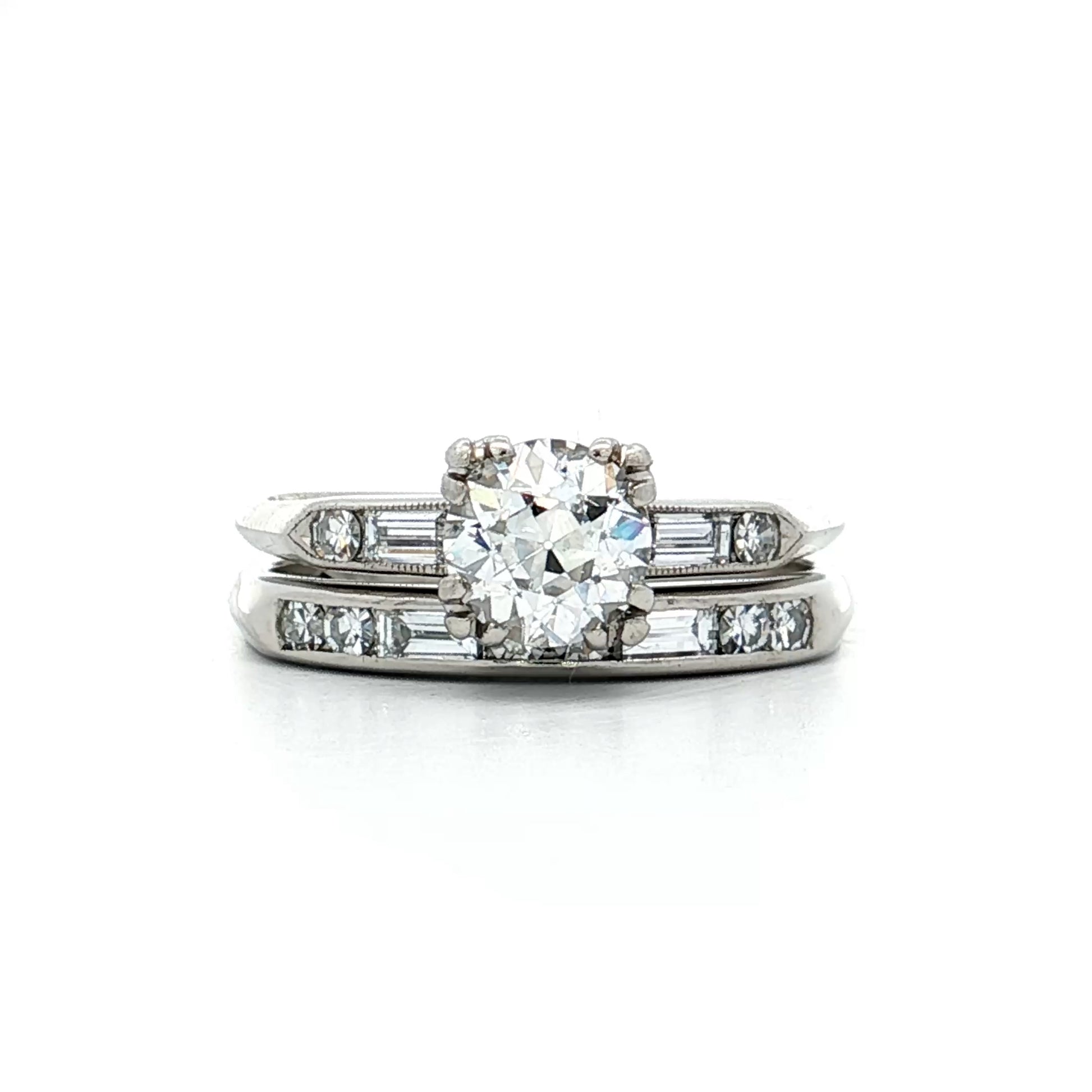 .84 Vintage Diamond Engagement Ring & Band in Platinum