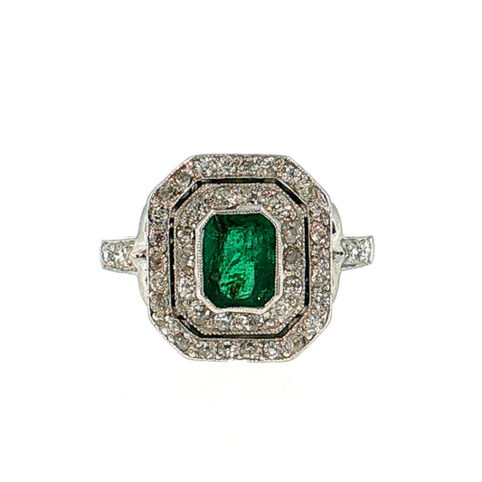 .86 Vintage Deco Emerald Cocktail Ring Platinum & 14k