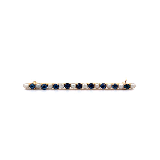 .90 Victorian Sapphire & Pearl Bar Brooch 14k