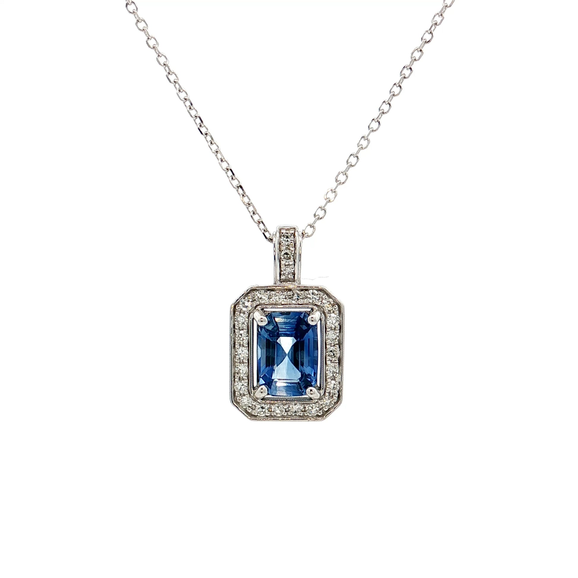 .95 Blue Sapphire Emerald Cut Pendant 14k White Gold