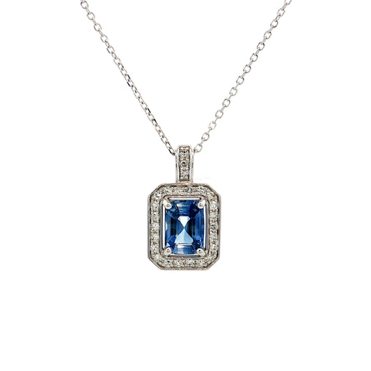 .95 Blue Sapphire Emerald Cut Pendant 14k White Gold