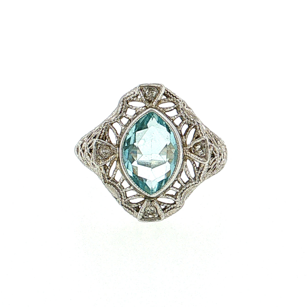 1.01 Antique Art Deco Aquamarine & Diamond Cocktail Ring 14k