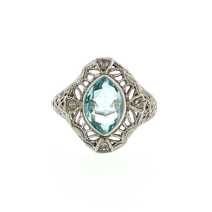 1.01 Antique Art Deco Aquamarine & Diamond Cocktail Ring 14k