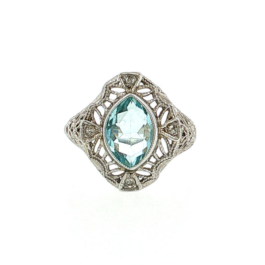 1.01 Antique Art Deco Aquamarine & Diamond Cocktail Ring 14k