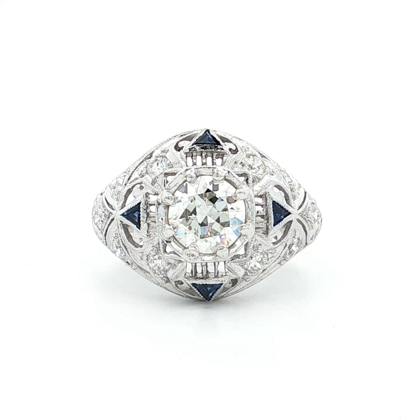 1.03 Art Deco Diamond & Sapphire Engagement Ring 14k