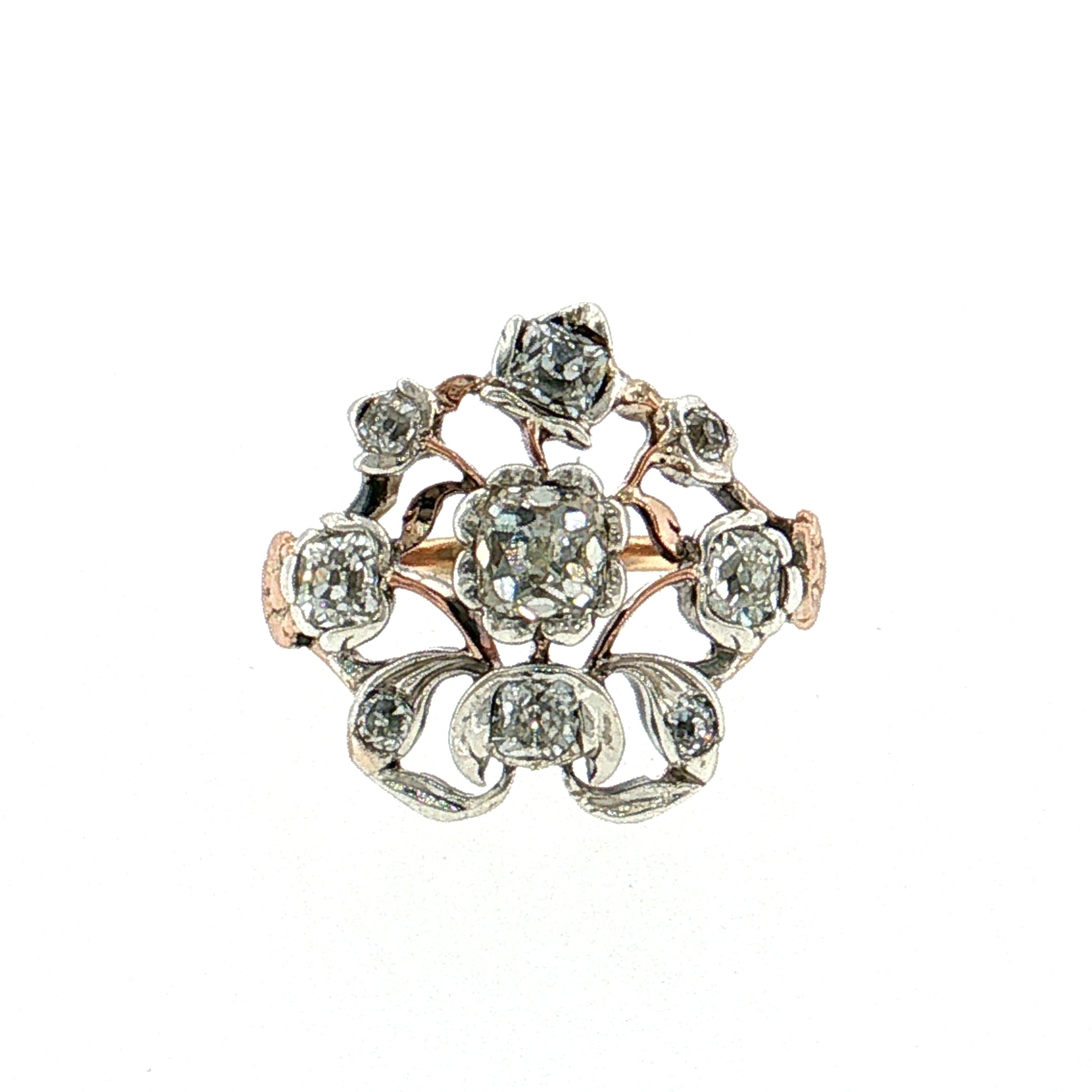 1.10 Antique Georgian Diamond Cocktail Ring 14k & Silver