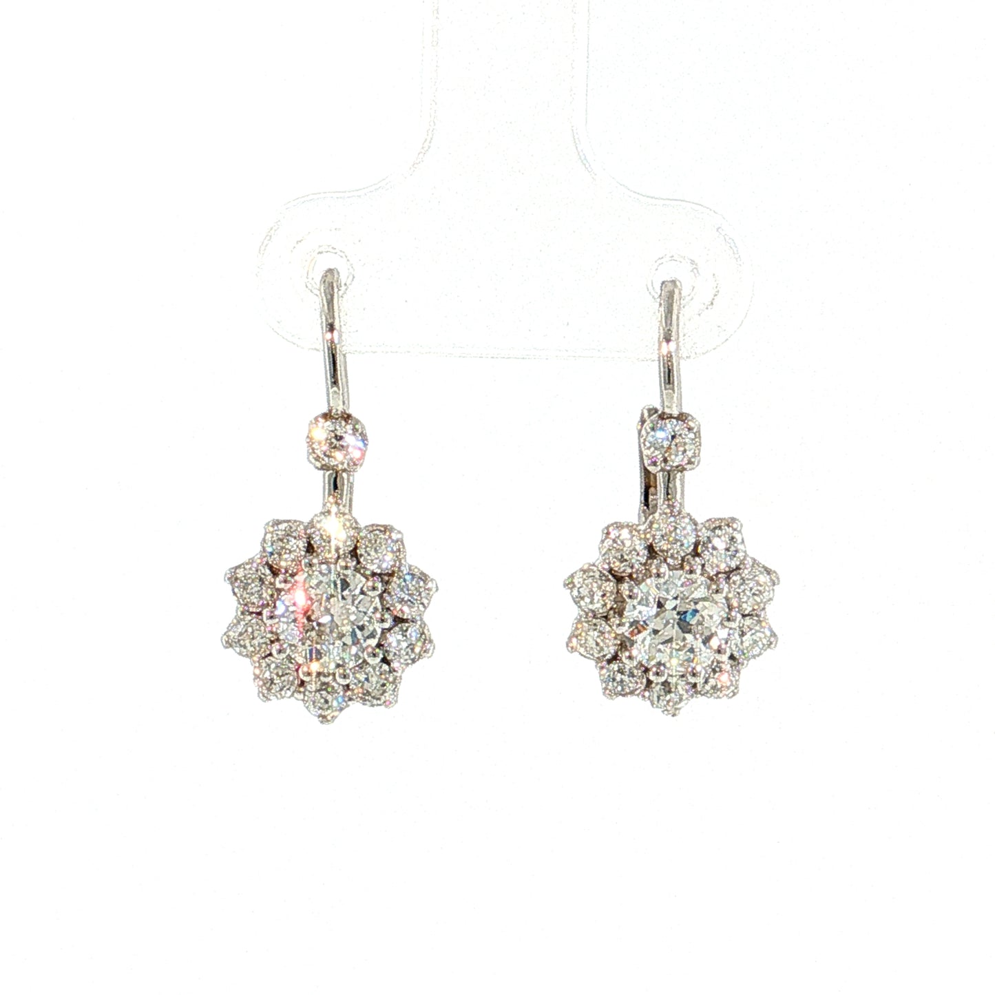 1.10 Old European Diamond Cluster Drop Earrings 14k White Gold