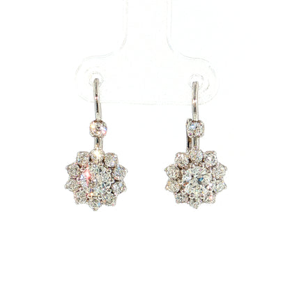 1.10 Old European Diamond Cluster Drop Earrings 14k White Gold