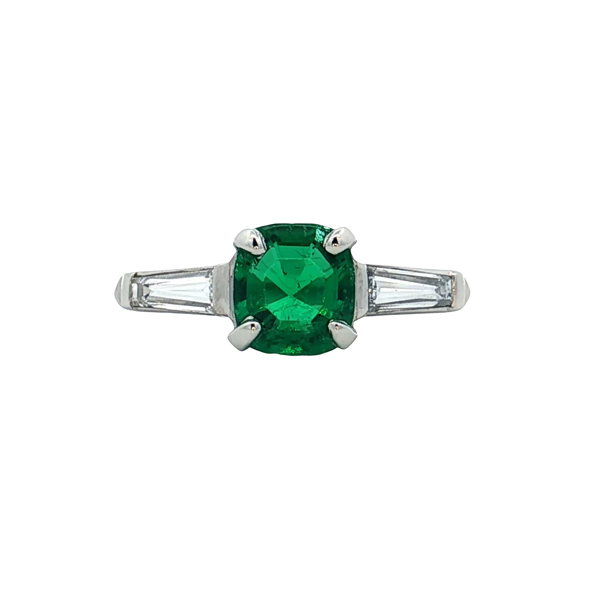 1.12 Vintage Cushion Emerald Engagement Ring Platinum