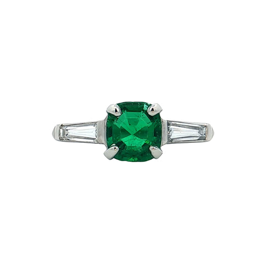 1.12 Vintage Cushion Emerald Engagement Ring Platinum