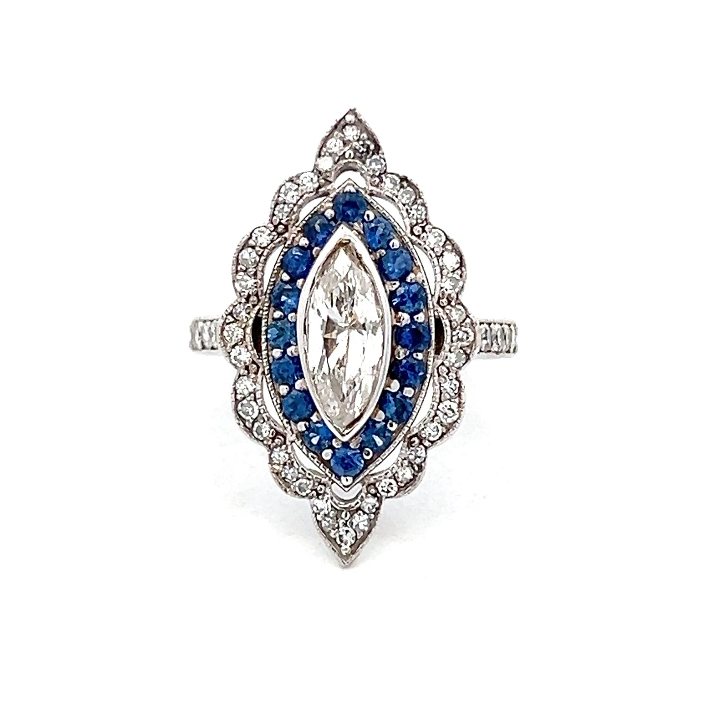 1.15 Marquise & Sapphire Navette Cocktail Ring 14k