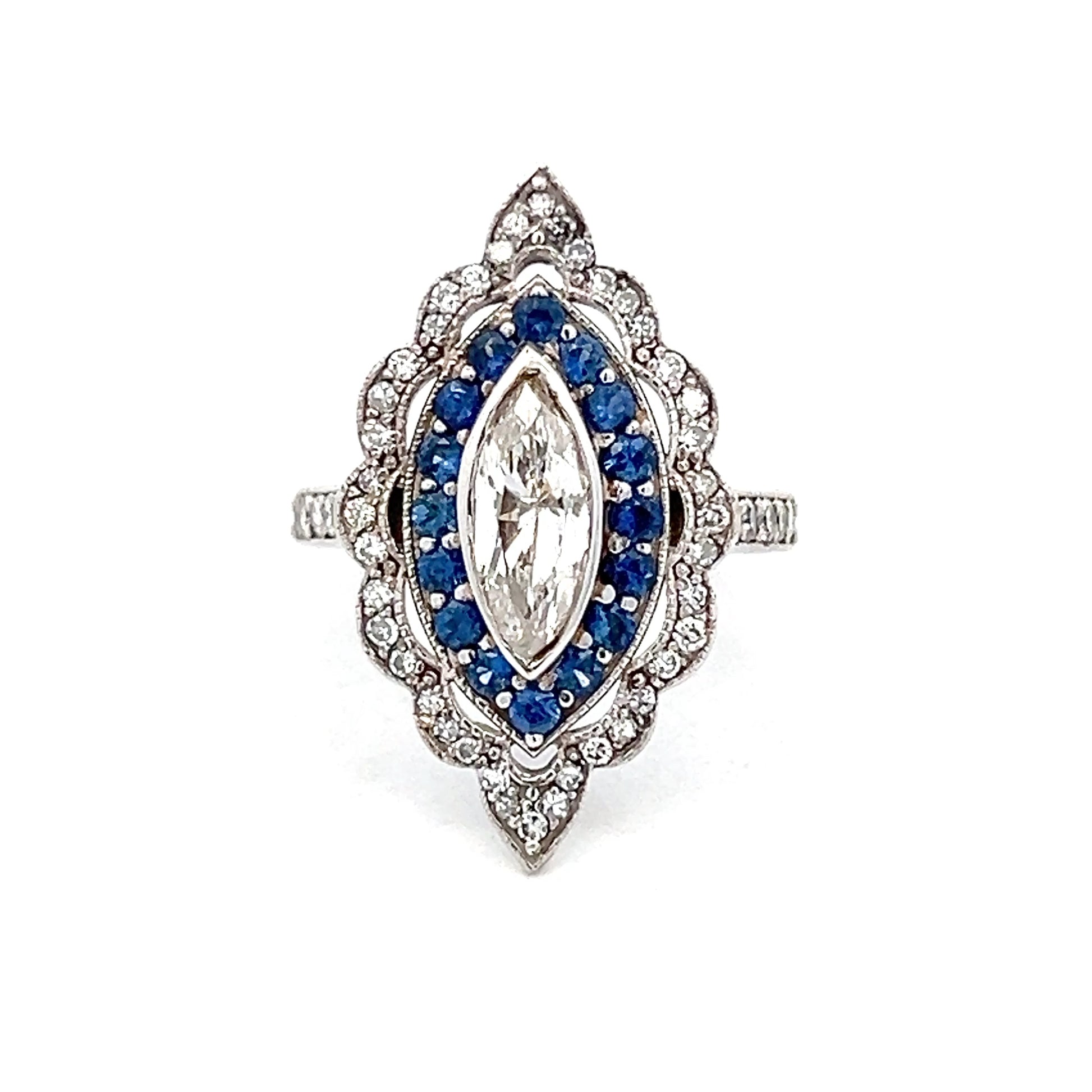 1.15 Marquise & Sapphire Navette Cocktail Ring 14k