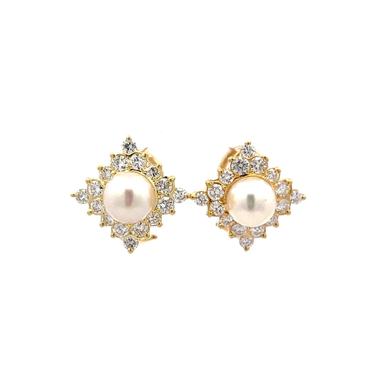 1.45 Pearl & Diamond Geometric Stud Earrings in 18k