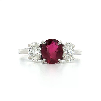 1.48 Ruby & Diamond Three Stone Ring 18k White Gold