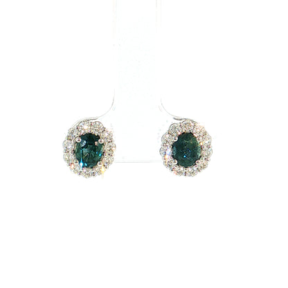 1.59 Oval Sapphire & Diamond Halo Stud Earrings 14k