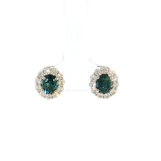1.59 Oval Sapphire & Diamond Halo Stud Earrings 14k