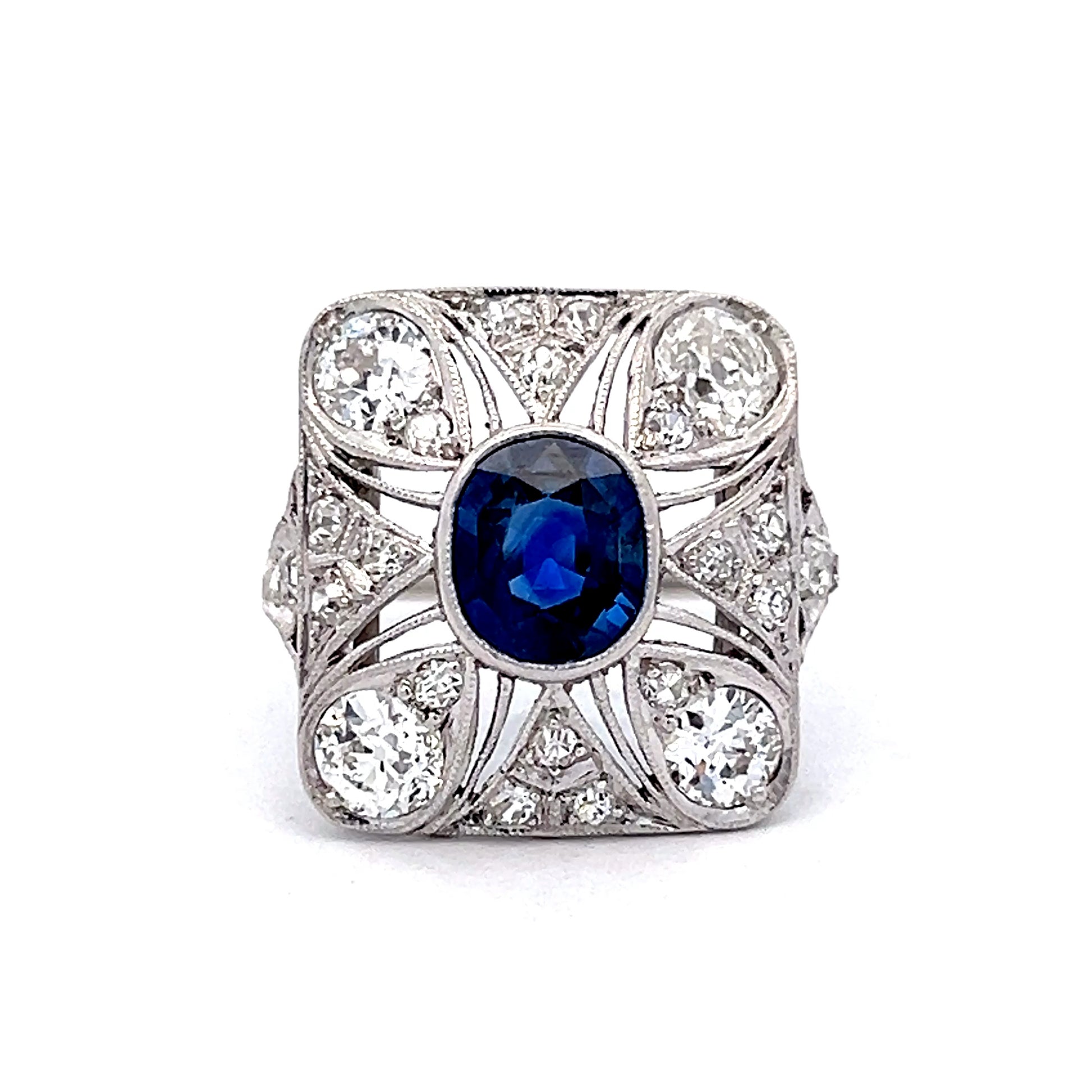 1.67 Vintage Deco Sapphire & Diamond Cocktail Ring in Platinum