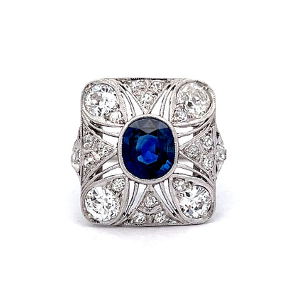 1.67 Vintage Deco Sapphire & Diamond Cocktail Ring in Platinum