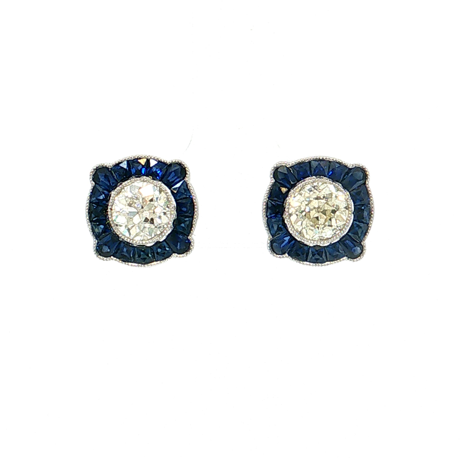 1.70 Old European Diamond Sapphire Stud Earrings Platinum