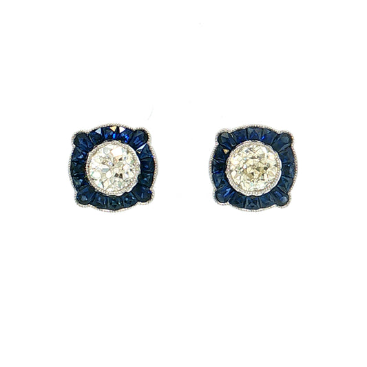 1.70 Old European Diamond Sapphire Stud Earrings Platinum