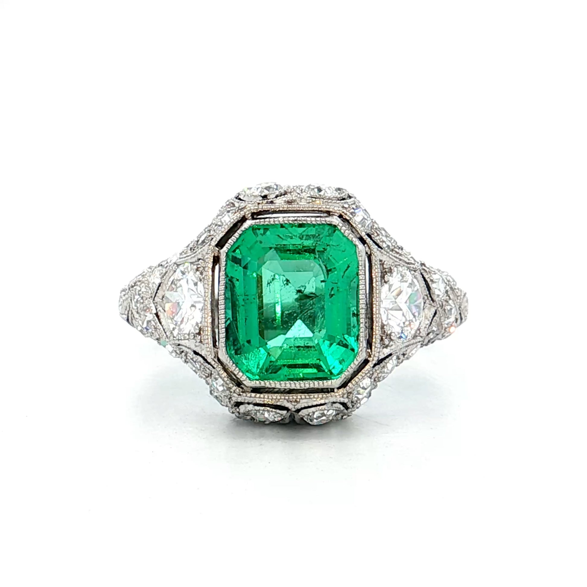 1.90 Antique Colombian Emerald & Diamond Ring Platinum