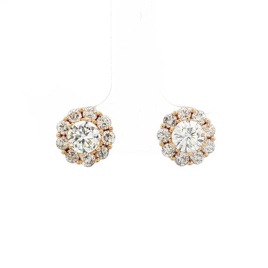1.90 Carat Diamond Halo Stud Earrings 14k Yellow Gold