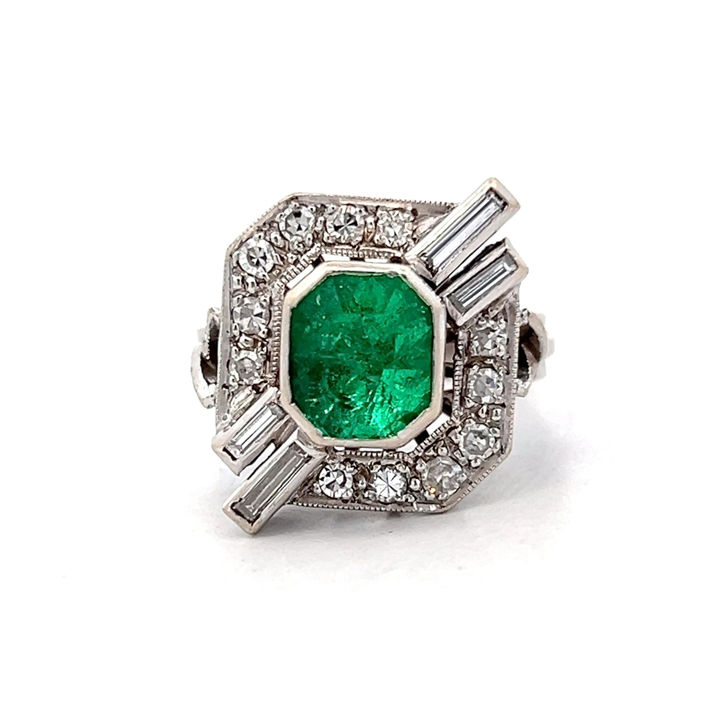 1.93 Antique Deco Emerald & Diamond Cocktail Ring in 18k