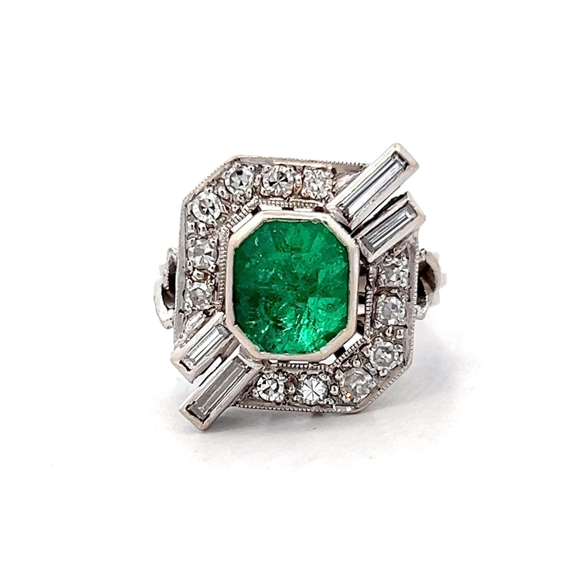 1.93 Antique Deco Emerald & Diamond Cocktail Ring in 18k