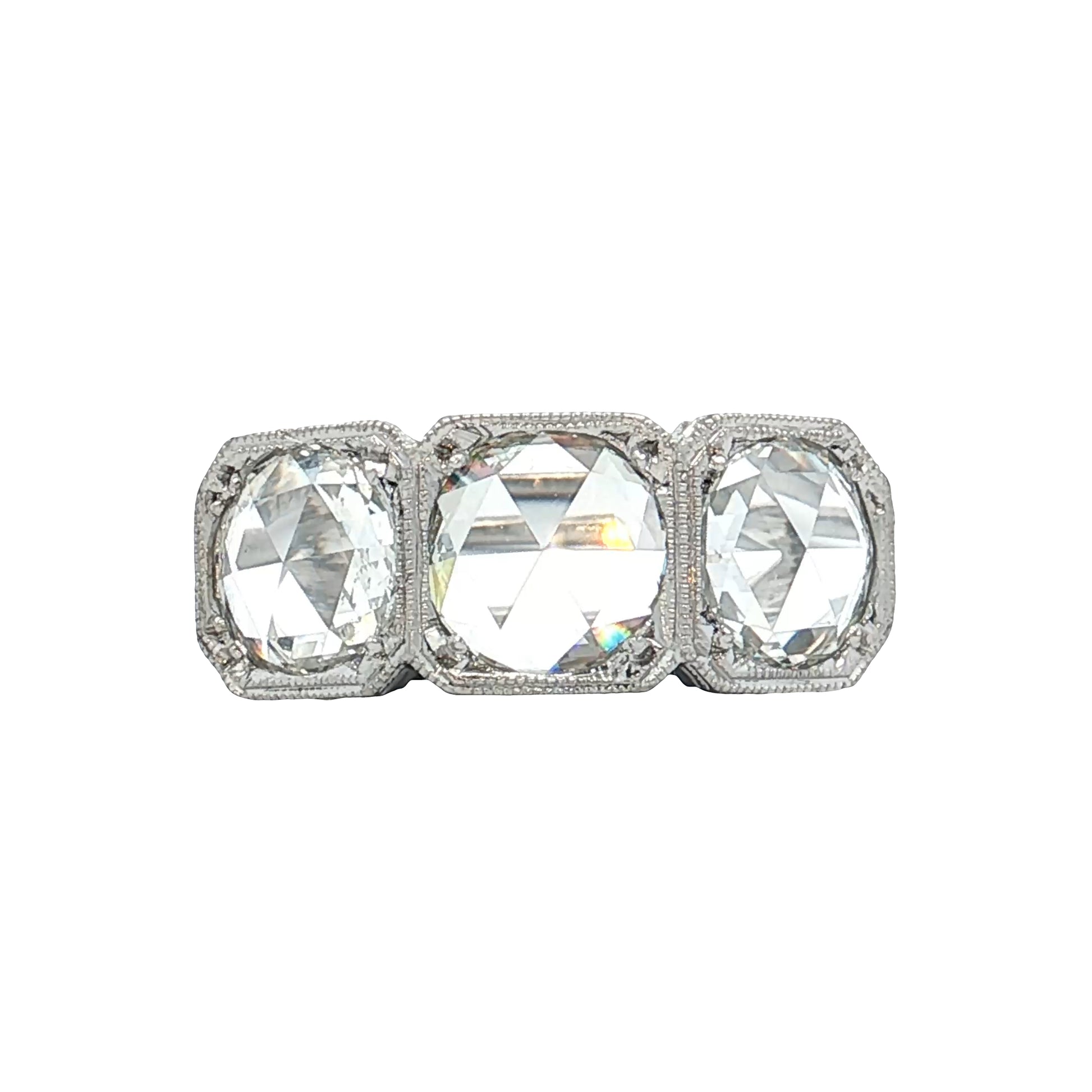 1.95 Antique Three Stone Rose Cut Diamond Engagement Ring 18k