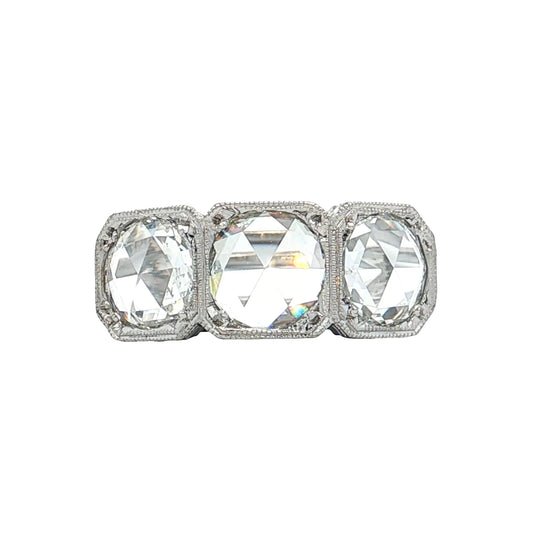 1.95 Antique Three Stone Rose Cut Diamond Engagement Ring 18k