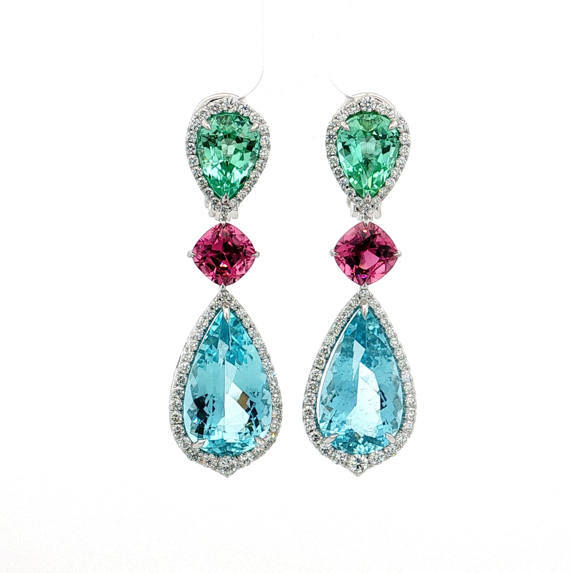 13.85 Aquamarine Tourmaline Diamond Drop Earrings Platinum