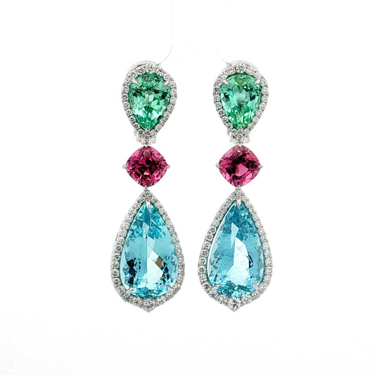 13.85 Aquamarine Tourmaline Diamond Drop Earrings Platinum
