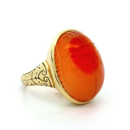 Vintage 1950's Red Carnelian Scarab Beetle Cocktail Ring in 14k Yellow Gold