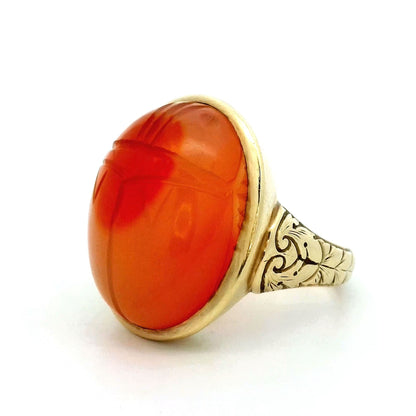 Vintage 1950's Red Carnelian Scarab Beetle Cocktail Ring in 14k Yellow Gold