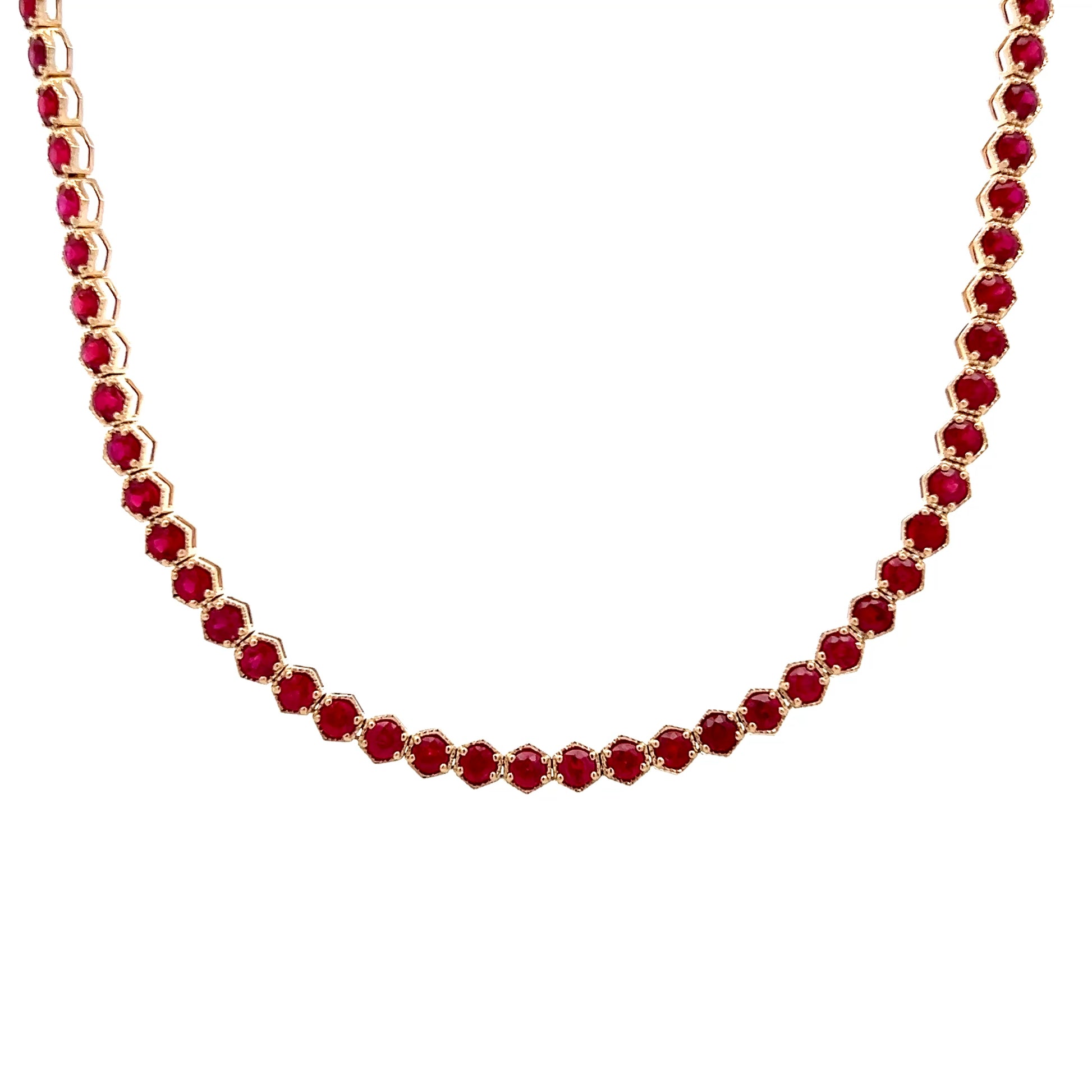 15.01 Round Cut Ruby Tennis Necklace 14k Yellow Gold