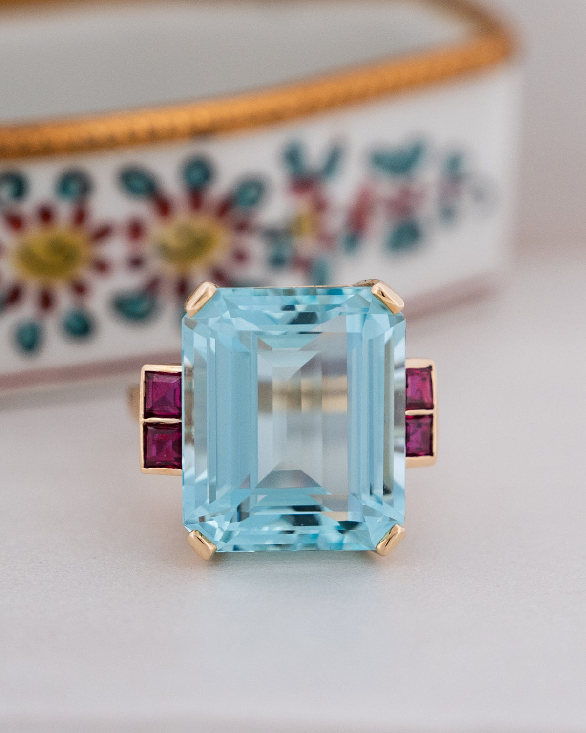 19.16 Vintage Retro Aquamarine & Ruby Cocktail Ring 14k