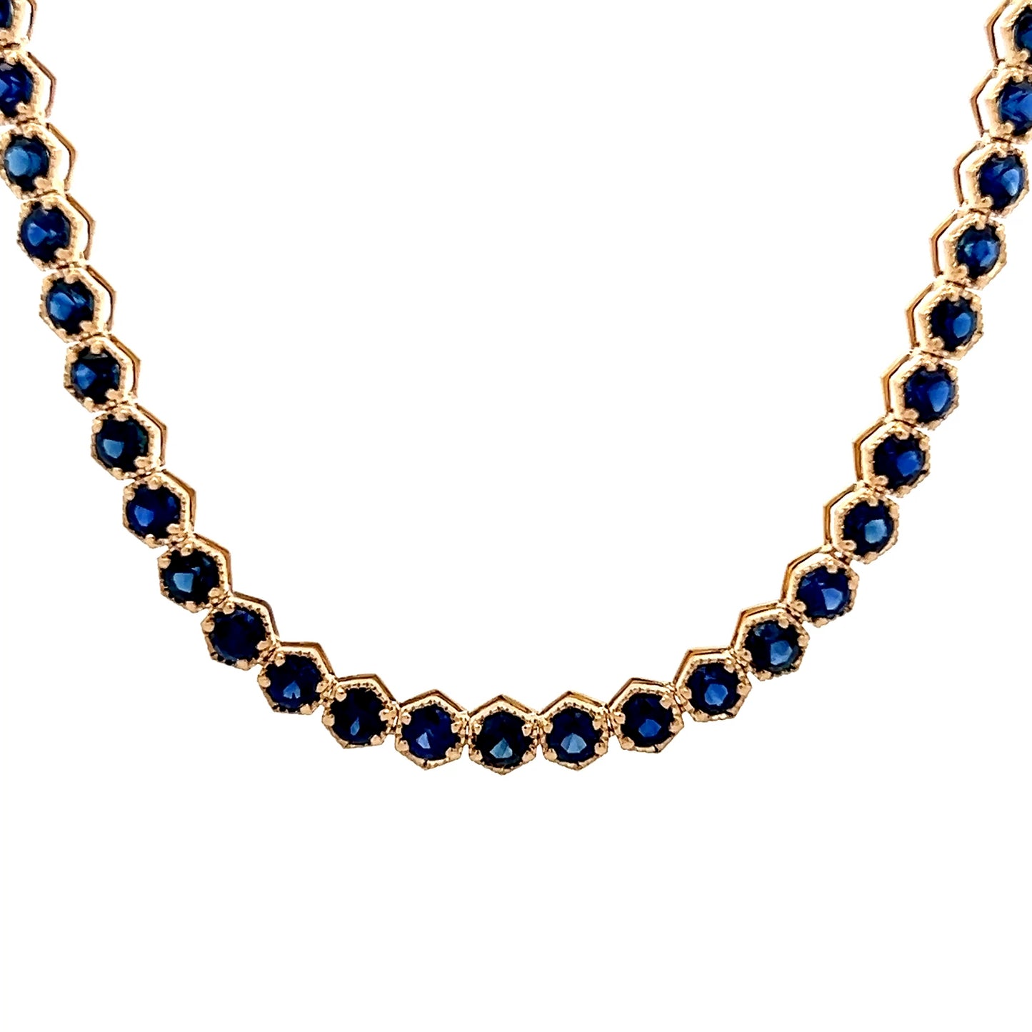 15 Carat Blue Sapphire Tennis Necklace 14k Yellow Gold