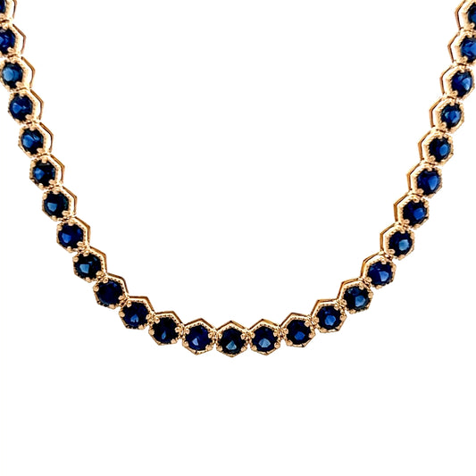 15 Carat Blue Sapphire Tennis Necklace 14k Yellow Gold