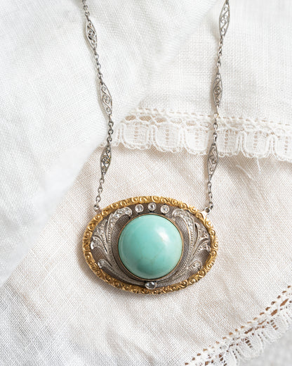 Antique Art Deco Turquoise Pendant Necklace in 14/18k