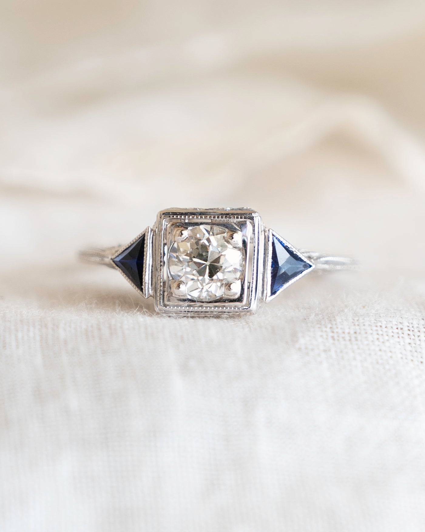 .55 Antique Diamond & Sapphire Engagement Ring 18k
